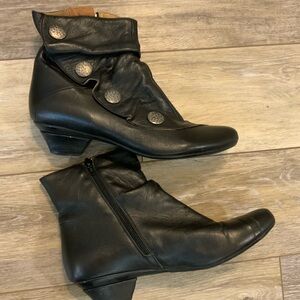 Black Leather Ankle Boots with Button Accents